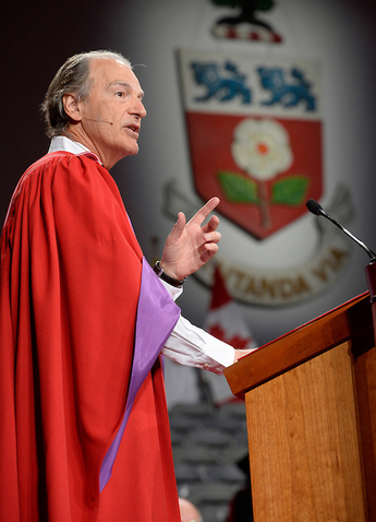 Honorary degree recipient Pierre Lassonde addresses the graduating class of the Lassonde School of Engineering and the Faculty of Science