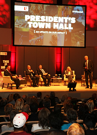 FEATURED image of the president addressing the audience at the York University Town Hall