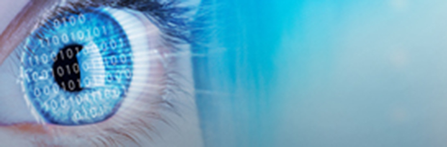 Image shows an eye looking out onto a blue background