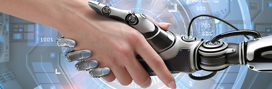 Artificial intelligence: A human hand shakes a robot hand