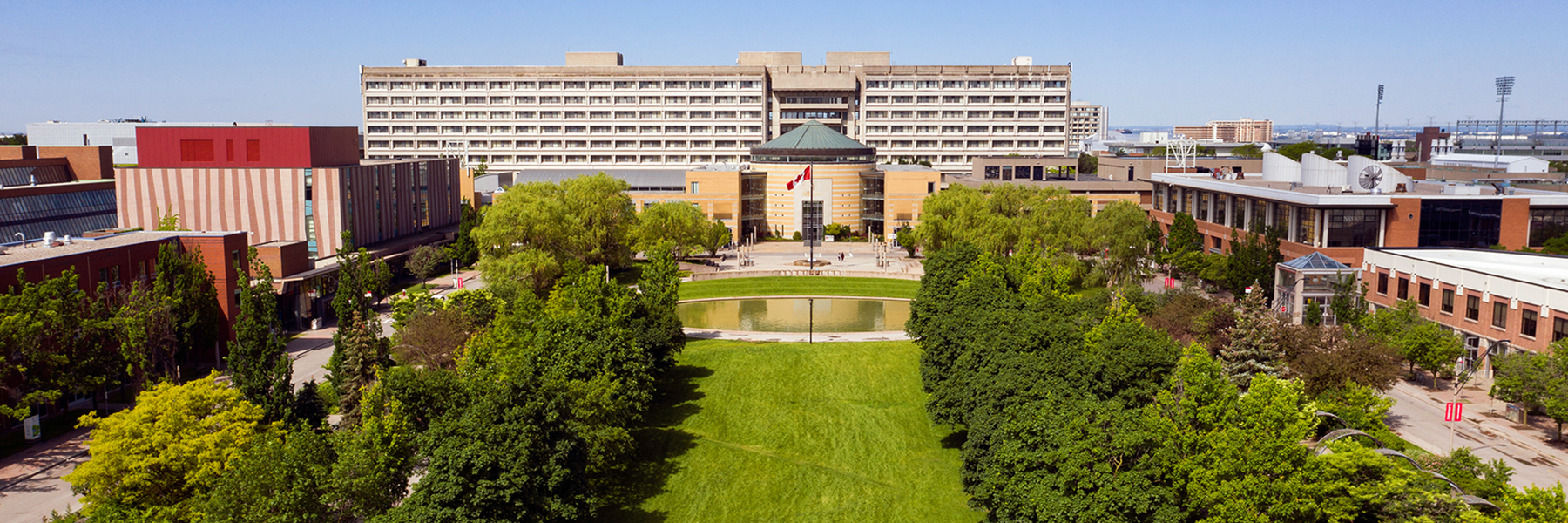 Featured image VARI Hall drone image of the commons and Ross Building