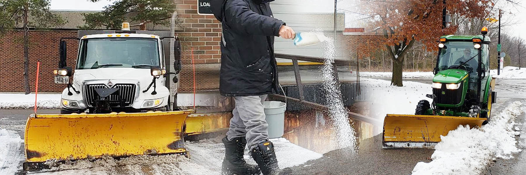 image shows two snowplows and a man sprinkling salt on an icy walkway