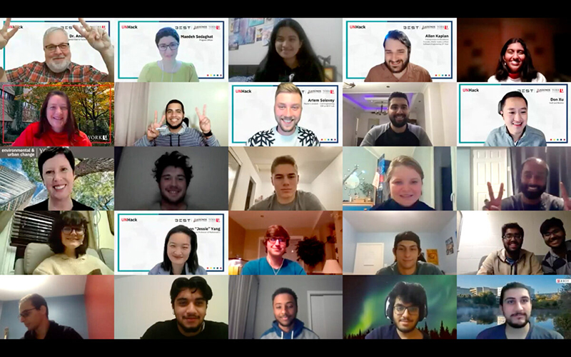 A Zoom screen capture of participants in the Opening Ceremony for the UNHack event