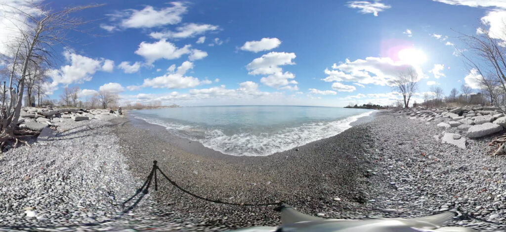 This image shows what VR users experience. The image is a 360 degree panorama of a waterfront in the winter. Image courtesy of L. Appel
