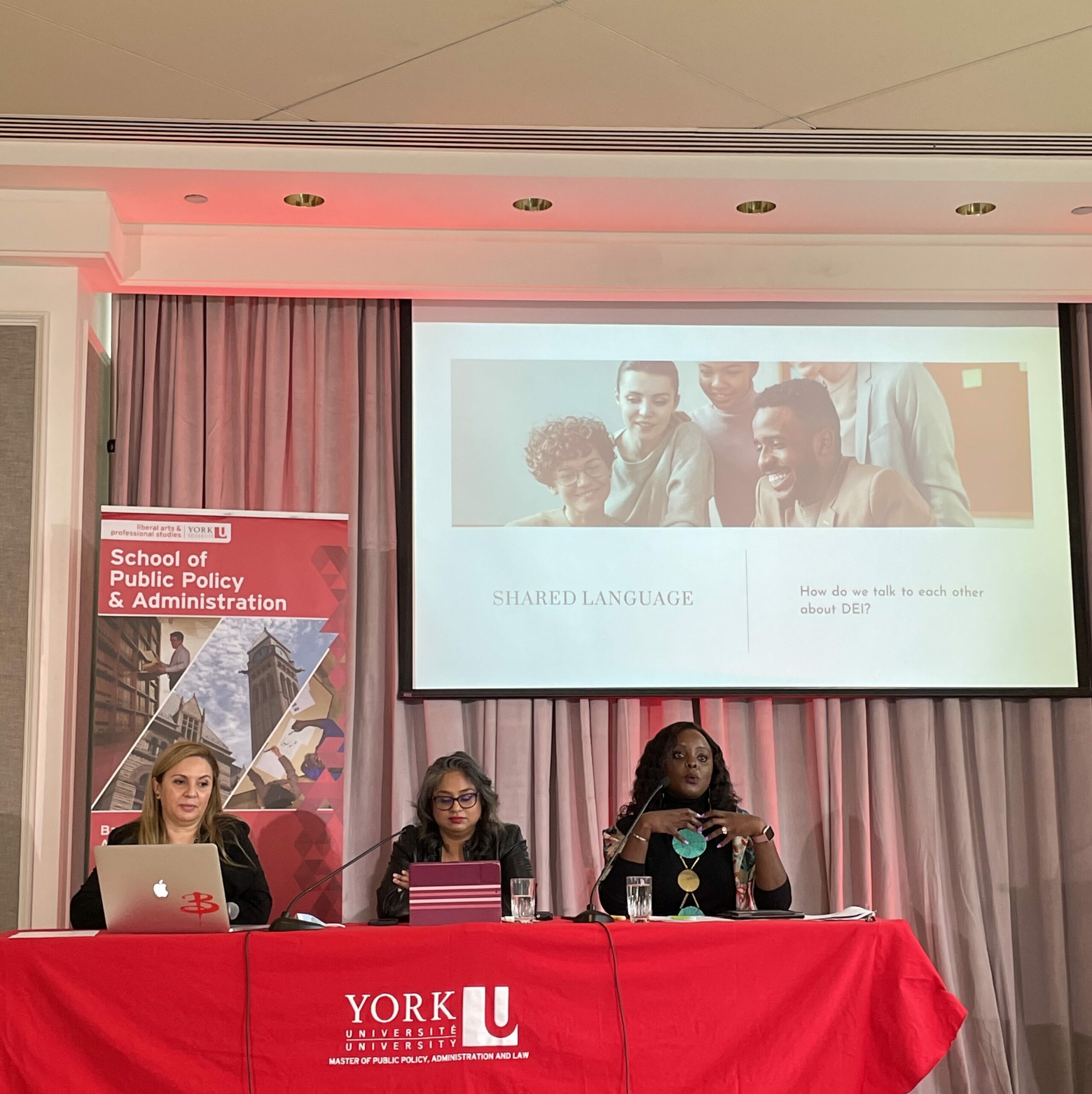 From left to right: Naomi Couto (York University), Zincia Francis (City of Vaughan), and Joanne Kinya Baker (City of Markham), joined online speaker Jennifer McCabe (City of Ottawa) to discuss Municipalities Symposium Session II. 