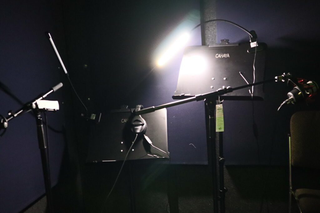 studio equipment in a darkened room