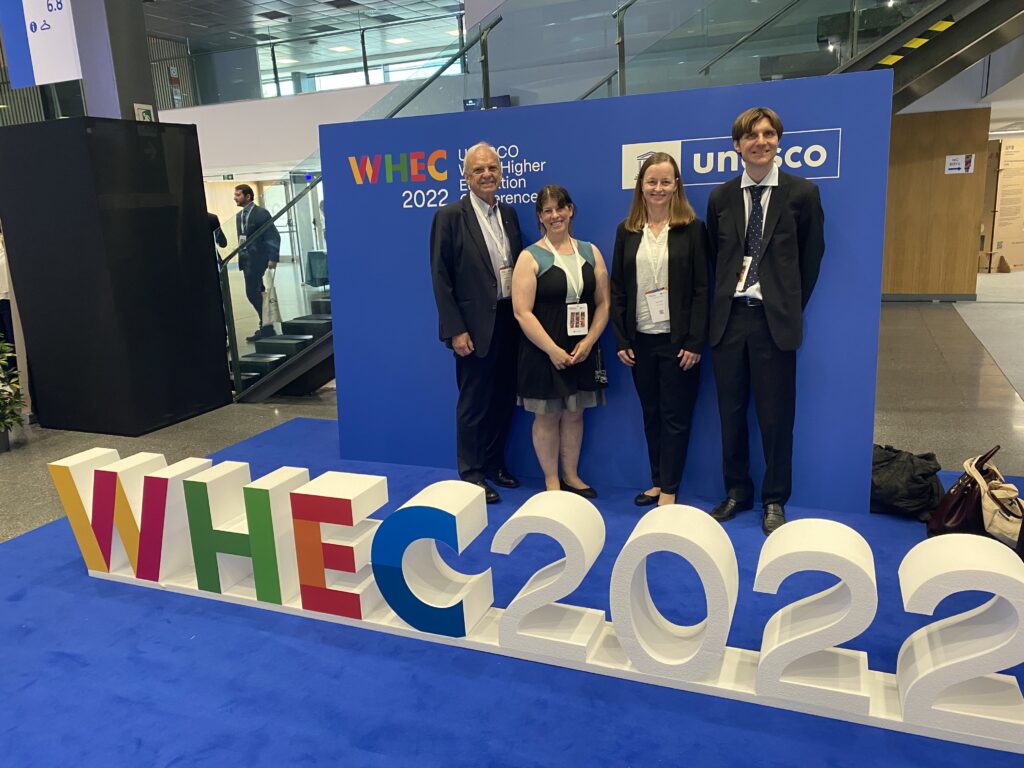 A photo from the World Higher Education Conference 2022 in Barcelona, Spain with representatives from York University, Canadian Commission for UNESCO and International Association of Universities