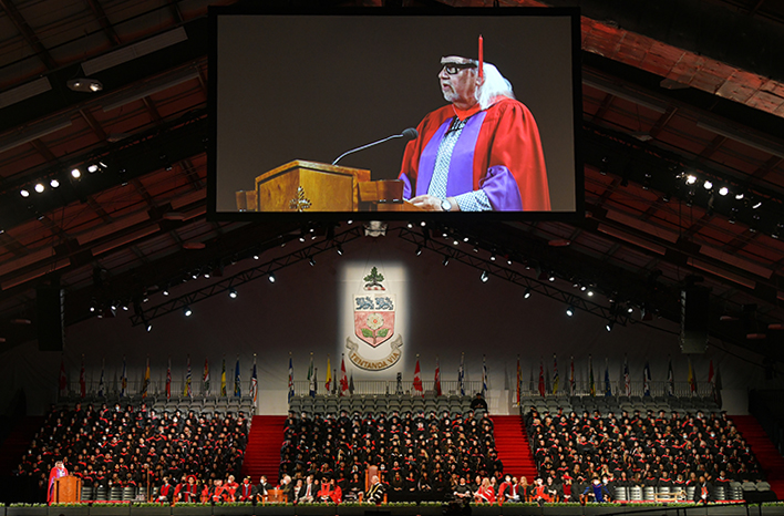Elder Duke Redbird delivers his convocation address to graduands of the Faculty of Education