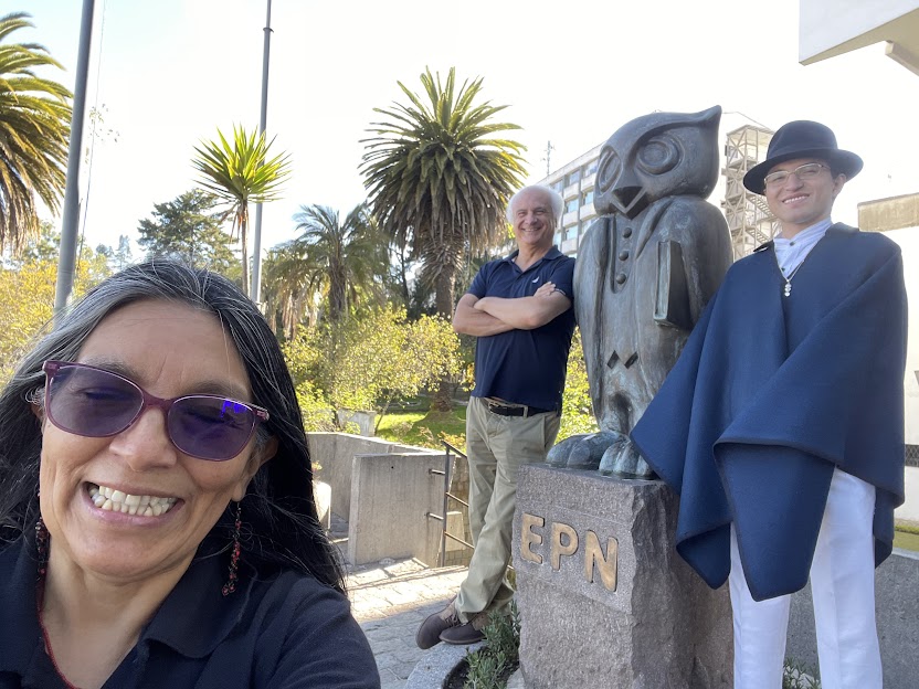 (Mark Terry, centre, with Planetary Health Film Lab partners Sandra Kushi Sanchez, Researcher and Professor at Escuela Politecnica Nacional (left) and Arawi Ruiz, Director of the Quechua Academy of Humanities