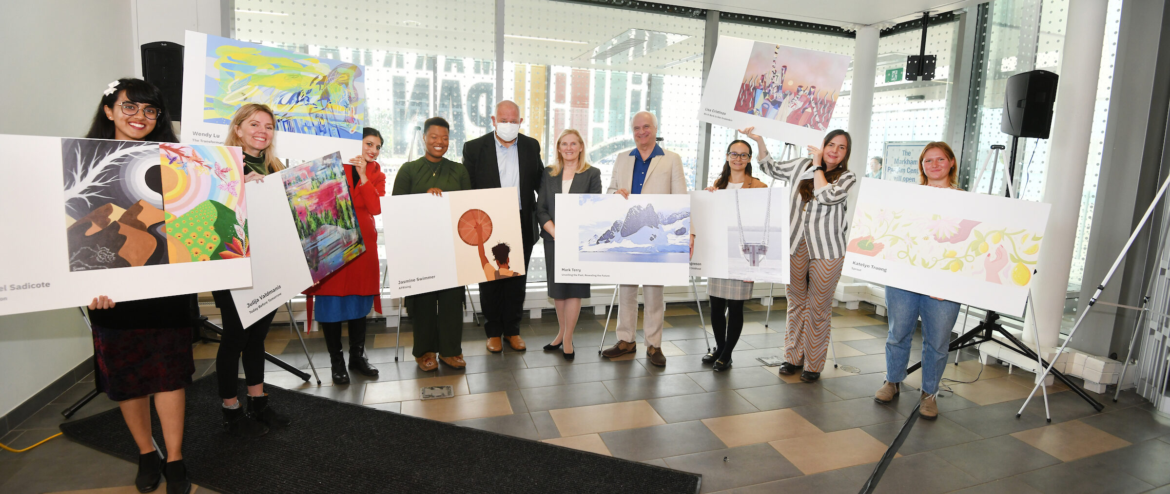 Artists and their artwork selected for the Markham Hoarding Art Installation "Right the Future"