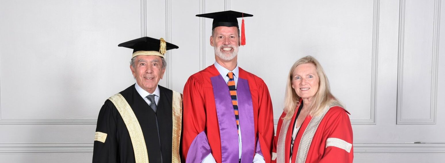 Chancellor Greg Sorbrara, honorary degree recipient Mark Tewksbury and President and Vice-Chancellor Rhonda Lenton