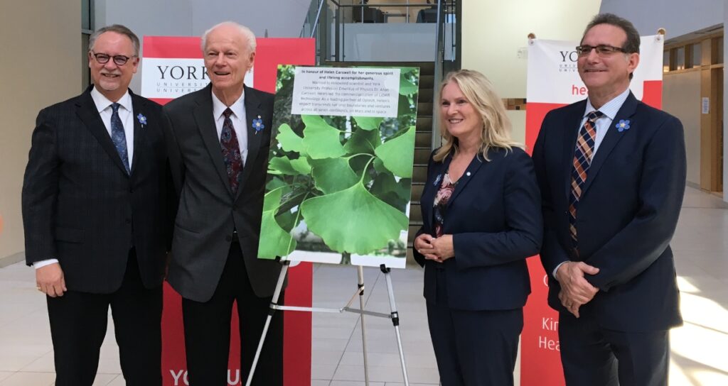 Paul McDonald (former Dean Faculty of Health), Allan Carswell (funder of the Helen Carswell Chair in Dementia Care), Rhonda Lenton (President & Vice-Chancellor, YorkU); Loren Freid (CEO Alzheimer Society York Region) at the event to announce the Helen Carswell Chair in Dementia Care