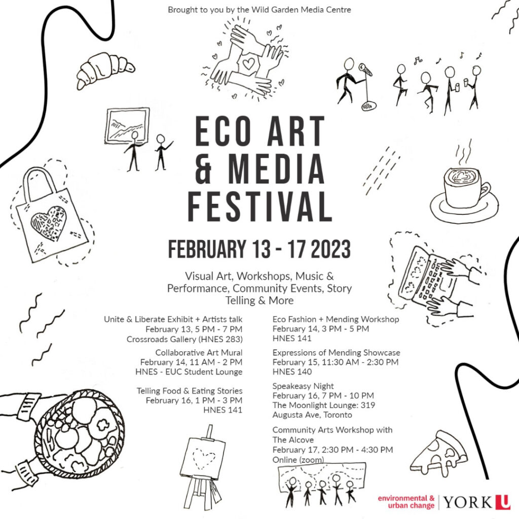 Poster: Eco-Art & Media Festival: visual art, workshops, music and performance, community events, story telling, and more, running from Feb. 13 to 17, presented by the Wild Garden Media Centre.