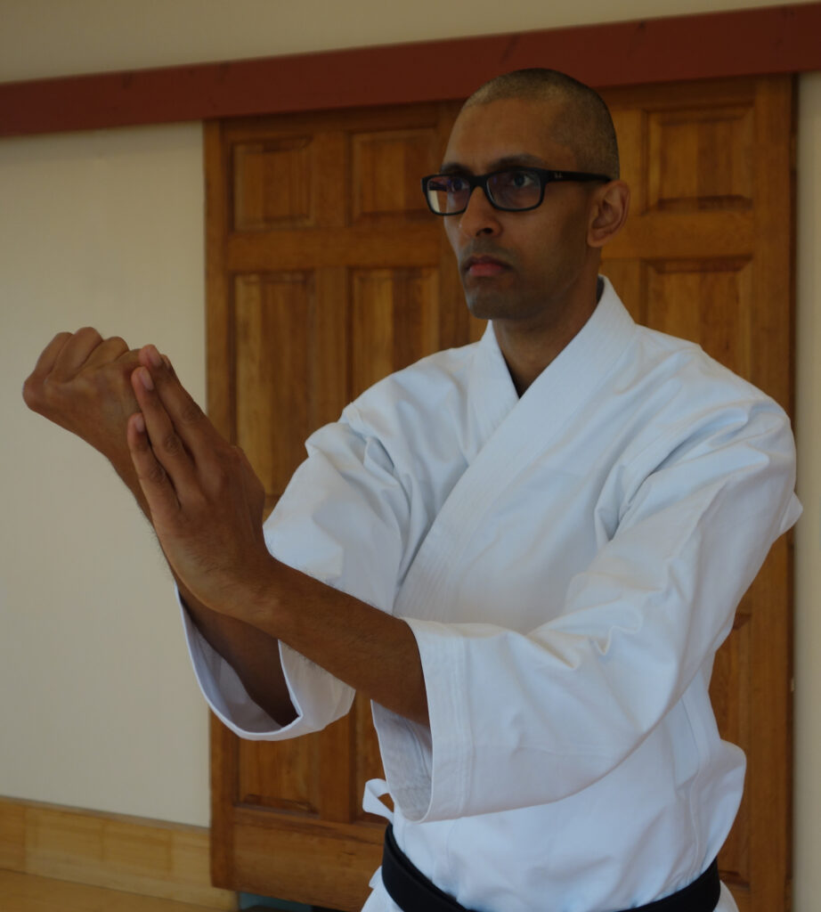 Sachil Singh performing a karate kata (sequence of techniques) called Bassai Dai