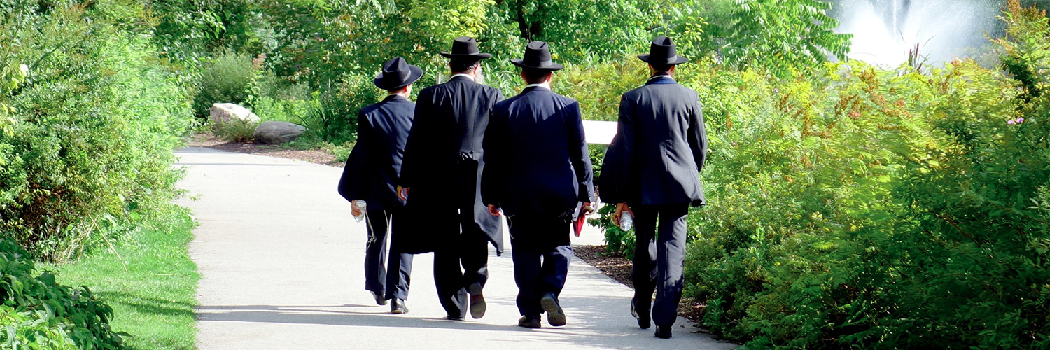 A group of orthodox Jewish men walking through a park in Toronto with backs turned to the camera
