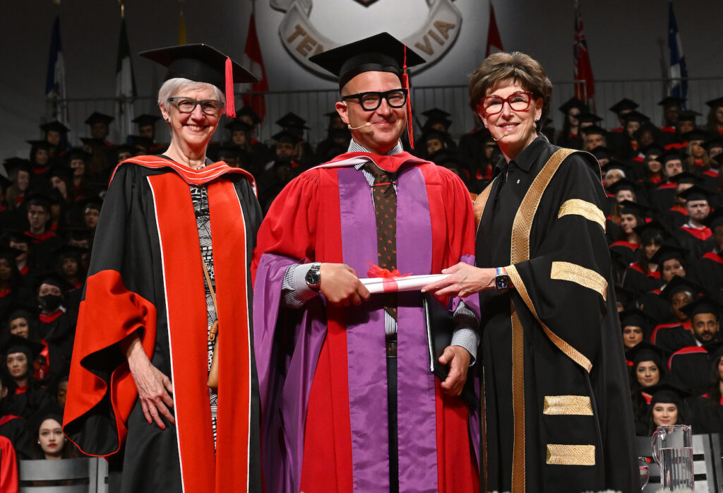 Honorary degree recipient Cory Doctorow with interim VP Equity, People and Culture Alice Pitt and Chancellor Kathleen Taylor