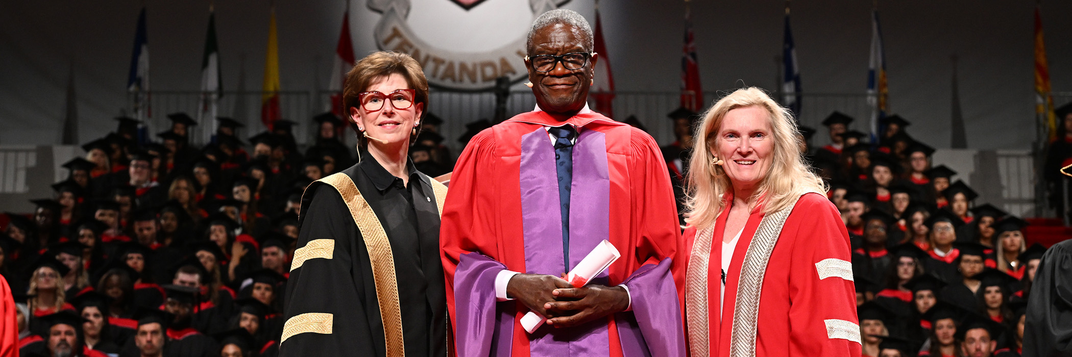 Dr. Denis Mukwege with York University President Rhonda Lenton and Chancellor Kathleen Taylor