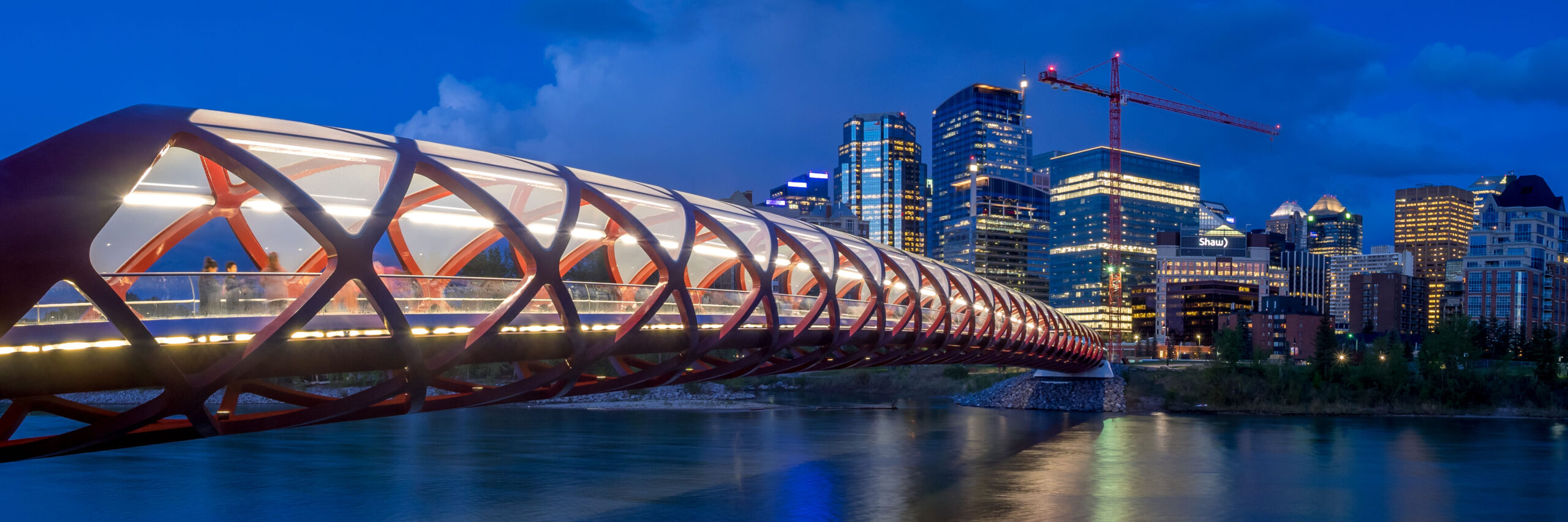 A modern bridge lit up at night with a cityscape behind it