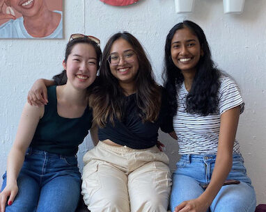 Photo of Sarah Persaud (centre) shows Japanese exchange student at left and York student at right