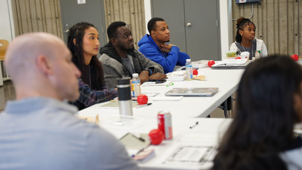 Grant recipients listen in during a workshop at the Professional Development & Social Gathering organized by the York U TD CEC. (L-R) Sariena Luy, Victor Adarquah, Shon Williams, and Abena McRae.