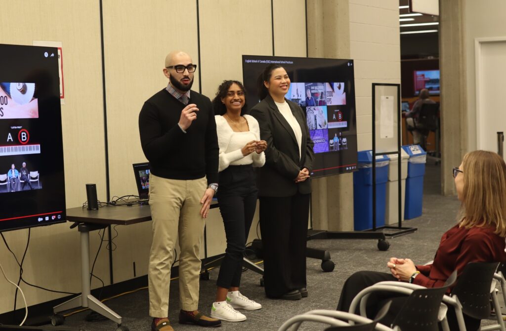 Students Matthew Rawas, Tanishia Clarke, and Denise Suarez shre tehir Open Educational Resource video, which was filmed at the English School of Canada (ESC)