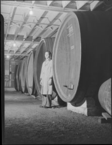 Barrels at Canadian Wineries Ltd., A. McKim and Co., Niagara Falls. 1941. Photo by Gordon Powley. Archives of Ontario, I0002637