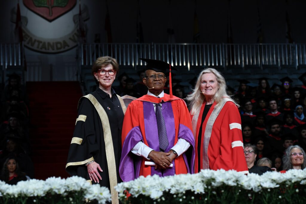 Pictured, from left to right: Chancellor Kathleen Taylor, Arnold Auguste, President and Vice-Chancellor Rhonda Lenton.
