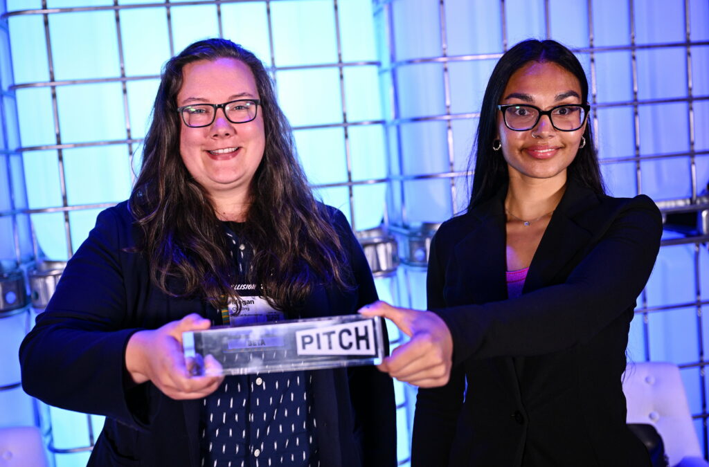 VoxCell co-founder Karolina Valente (left) and VoxCell’s business operations co-ordinator and the winning pitcher, Asees Kaur (right), after being announced as the PITCH winner at Collision 2024 in Toronto. Photo by Ramsey Cardy/Collision via Sportsfile.