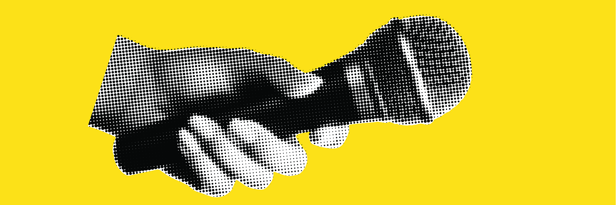 A hand holds a microphone. Collage element in halftone effect. P